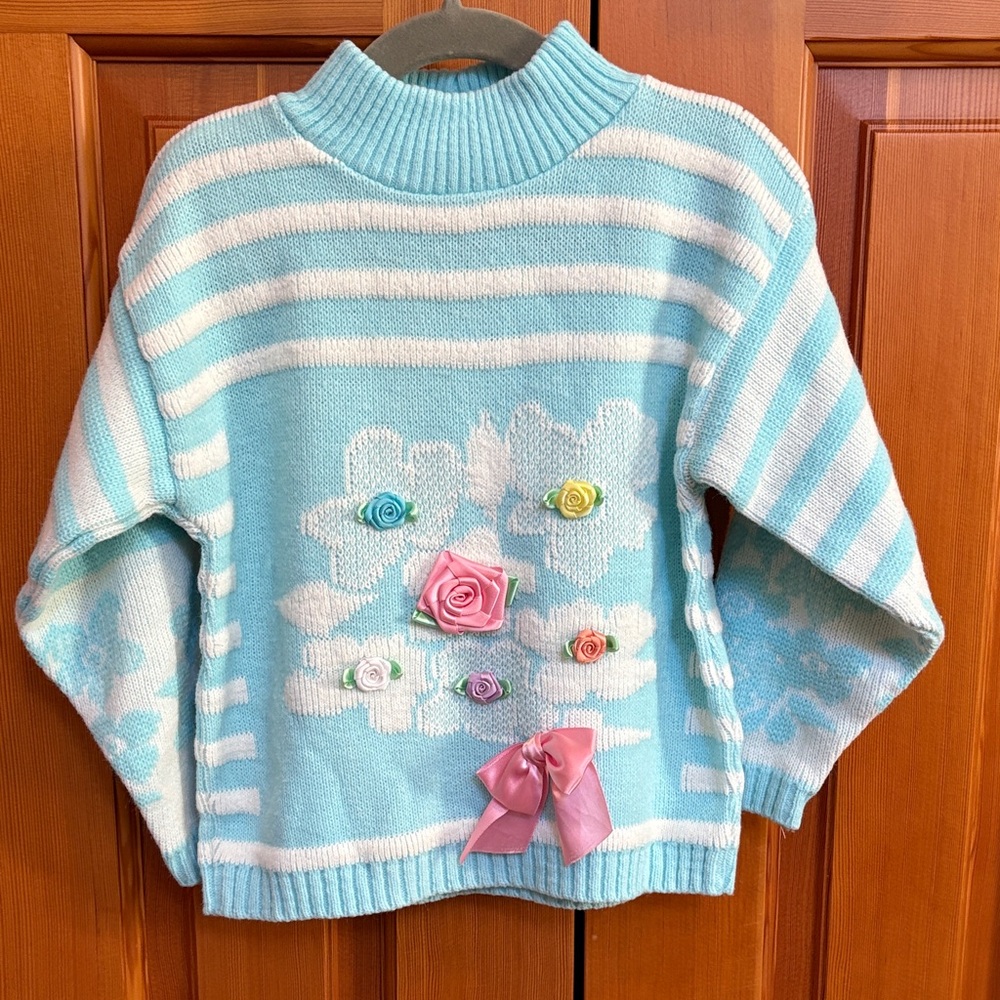 Miniwaves Vintage Striped Blue and White Sweater with Floral Accents LIKE NEW 5T